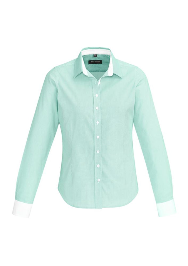 Fifth Avenue ladies long sleeve shirt in Dynasty Green features a fine stripe pattern, contrast trim, and a soft stretch cotton blend.