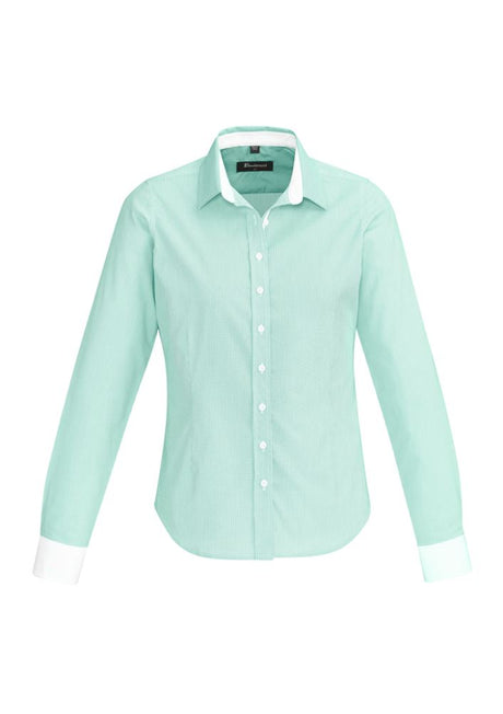 Stylish dynasty green long sleeve shirt for women, featuring semi-fitted design, fine stripes, and elegant contrast trims.