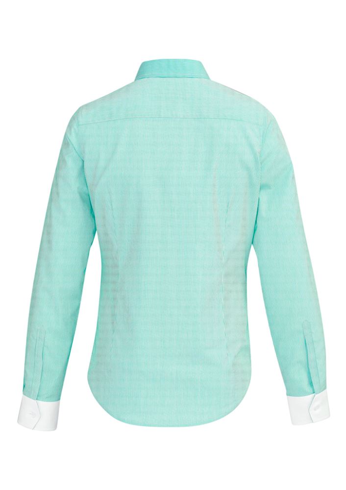 Fifth Avenue long sleeve shirt in Dynasty Green with a fine stripe pattern, contrast trims, and soft, stretchy fabric for comfort.