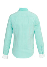 Fifth Avenue long sleeve shirt in Dynasty Green with a fine stripe pattern, contrast trims, and soft, stretchy fabric for comfort.
