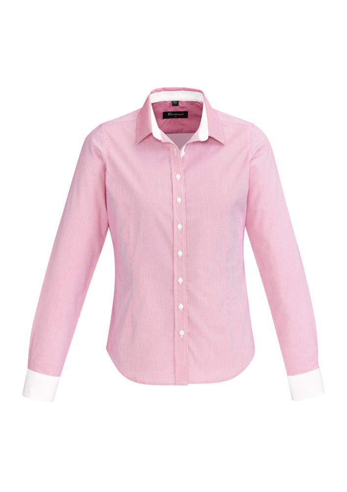 Fifth Avenue Ladies Melon Long Sleeve Shirt with fine stripes, contrast trim, featuring a soft, stretchy cotton blend.