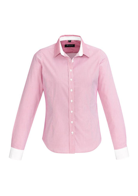 Fifth Avenue Ladies Melon Long Sleeve Shirt with fine stripes, contrast trim, featuring a soft, stretchy cotton blend.