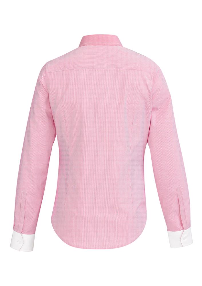 Elegant melon long sleeve shirt for women, featuring a fine stripe pattern and contrast trim in a comfortable cotton blend.