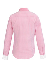 Elegant melon long sleeve shirt for women, featuring a fine stripe pattern and contrast trim in a comfortable cotton blend.