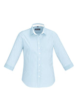 Fifth Avenue Ladies 3/4 Sleeve Shirt in Alaskan Blue featuring a semi-fitted design and stylish striped pattern.