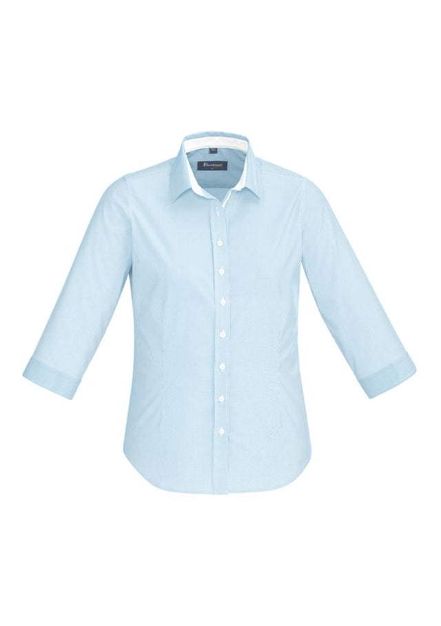 Elegant Alaskan Blue 3/4 sleeve shirt with fine stripe pattern and contrast trim, perfect for casual or professional wear.