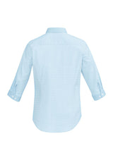 Fifth Avenue 3/4 sleeve shirt in Alaskan Blue, featuring a fine stripe design and elegant contrast trims, perfect for modern women.