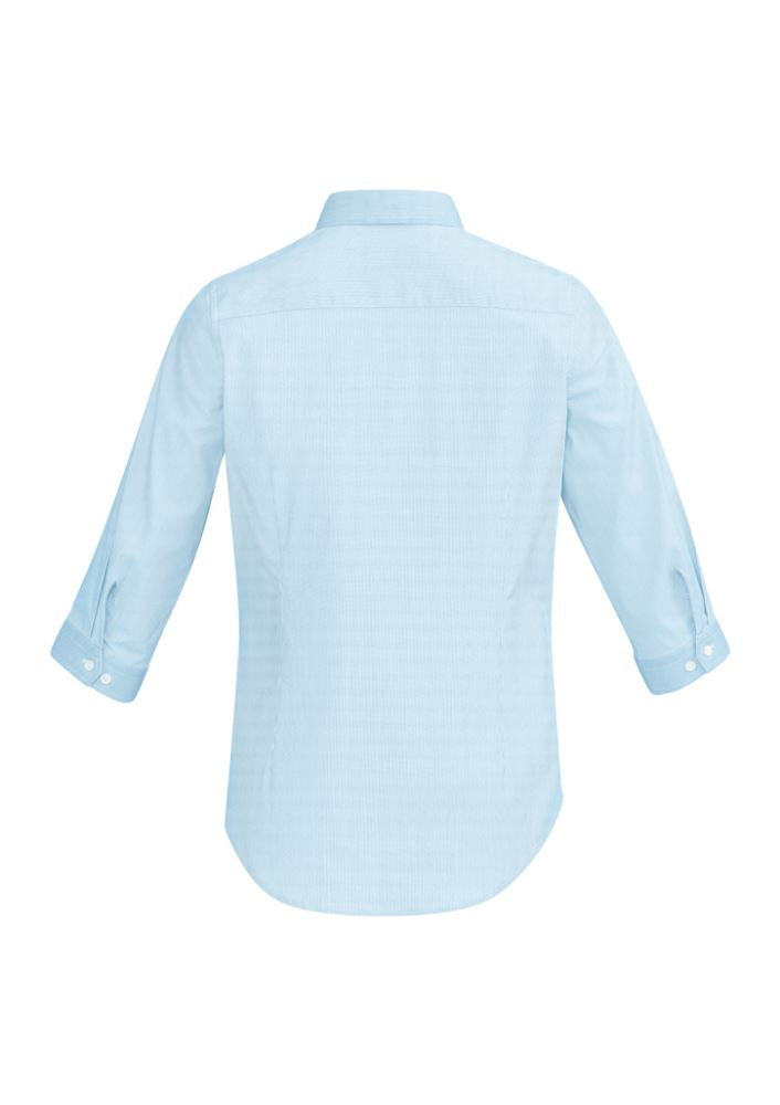 Fifth Avenue Ladies 3/4 Sleeve Shirt in Alaskan Blue, featuring a soft cotton blend, fine stripe design, and contrast trims.