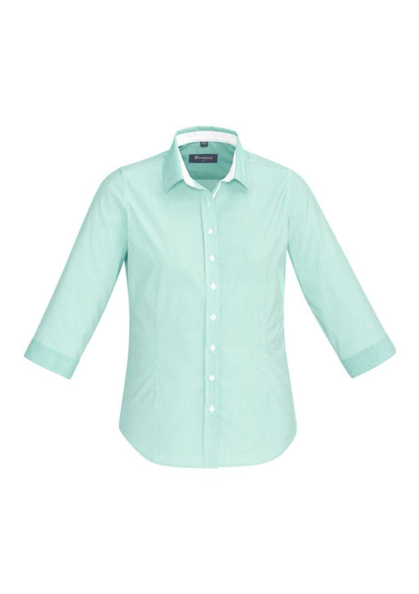 Elegant Dynasty Green semi-fitted 3/4 sleeve shirt with fine stripes, contrast trim, and soft stretch fabric for comfort.