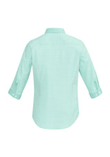 Elegant Dynasty Green 3/4 sleeve women's shirt with fine stripe pattern, contrast trims, and soft stretch fabric, size 6.