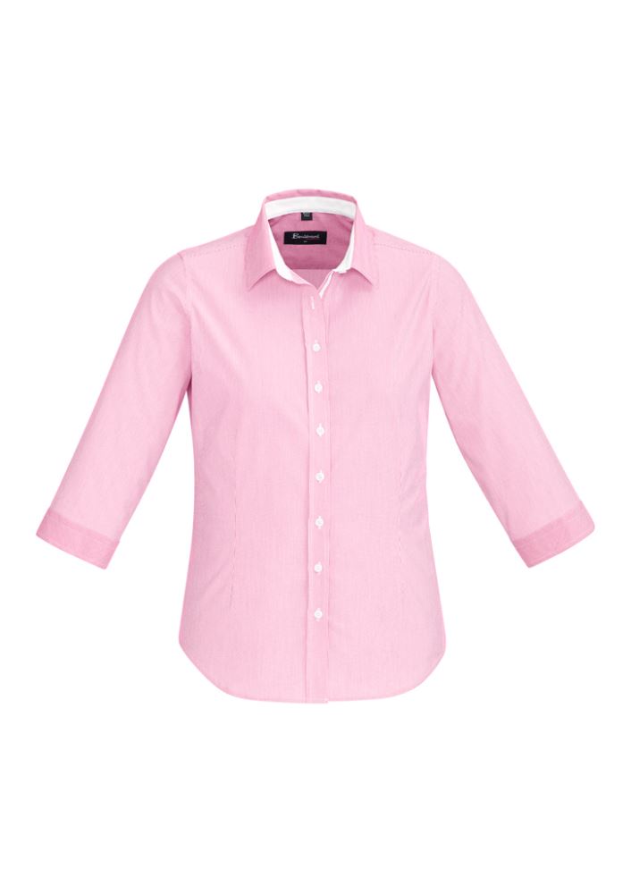 Bright Melon 3/4 sleeve shirt with fine stripe pattern, contrast trim, and comfortable stretch cotton blend fabric.