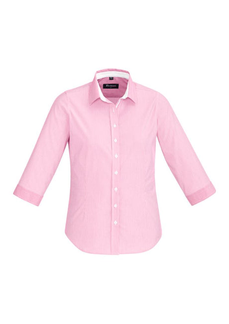Bright Melon 3/4 sleeve shirt with fine stripe pattern, contrast trim, and comfortable stretch cotton blend fabric.