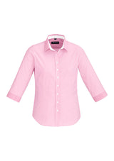Vibrant melon-colored 3/4 sleeve shirt, semi-fitted with fine stripes, contrast trim, and soft stretch fabric by Biz Collection.