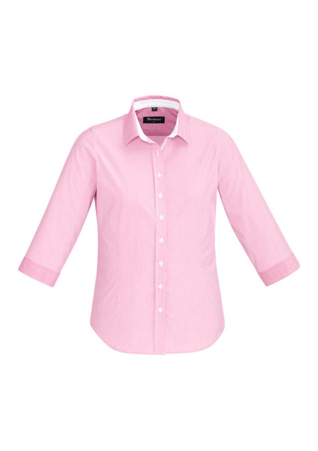 Vibrant melon-colored 3/4 sleeve shirt, semi-fitted with fine stripes, contrast trim, and soft stretch fabric by Biz Collection.