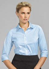 Elegant Dynasty Green 3/4 sleeve shirt for women, featuring a soft stretch fabric, fine stripe pattern, and refined contrast trims.