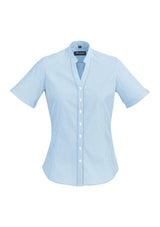 Alaskan Blue Bordeaux Ladies Short Sleeve Shirt, featuring fine stripes, a semi-fitted design, and stylish cuffs for comfort.