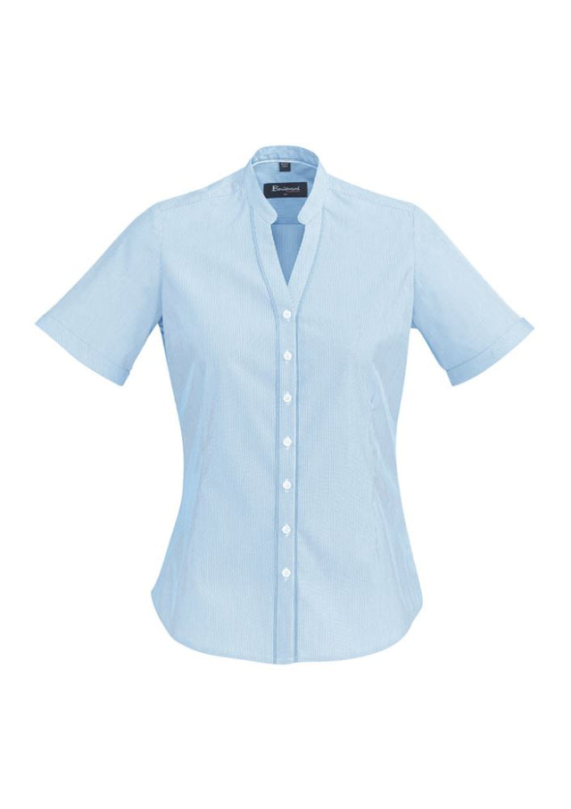 Alaskan Blue Bordeaux Ladies Short Sleeve Shirt, featuring fine stripes, a semi-fitted design, and stylish cuffs for comfort.