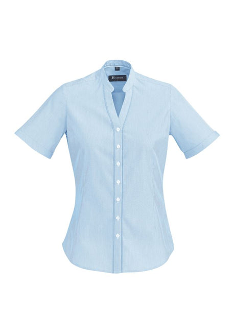 Alaskan Blue short sleeve shirt for ladies, featuring a semi-fitted silhouette and sophisticated yarn-dyed stripes.