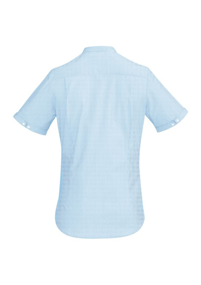 Alaskan Blue short sleeve shirt for women, featuring fine stripes, soft stretch fabric, and a stylish open neck design.