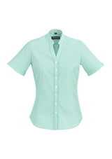 Bordeaux Ladies Short Sleeve Shirt in Dynasty Green, size 10, featuring soft stripes, stretch fabric, and unique cuff design.