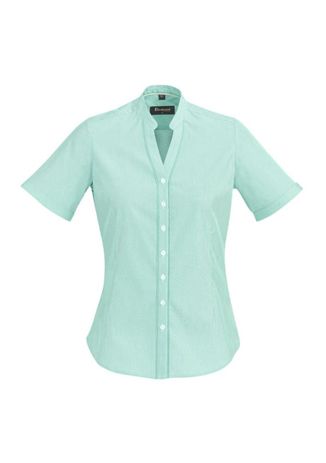 Bordeaux Ladies Short Sleeve Shirt in Dynasty Green, size 10, featuring soft stripes, stretch fabric, and unique cuff design.