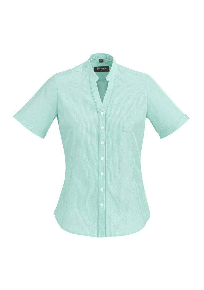 Bordeaux Ladies Short Sleeve Shirt in Dynasty Green, featuring a chic open neck design and soft stretch fabric for comfort.