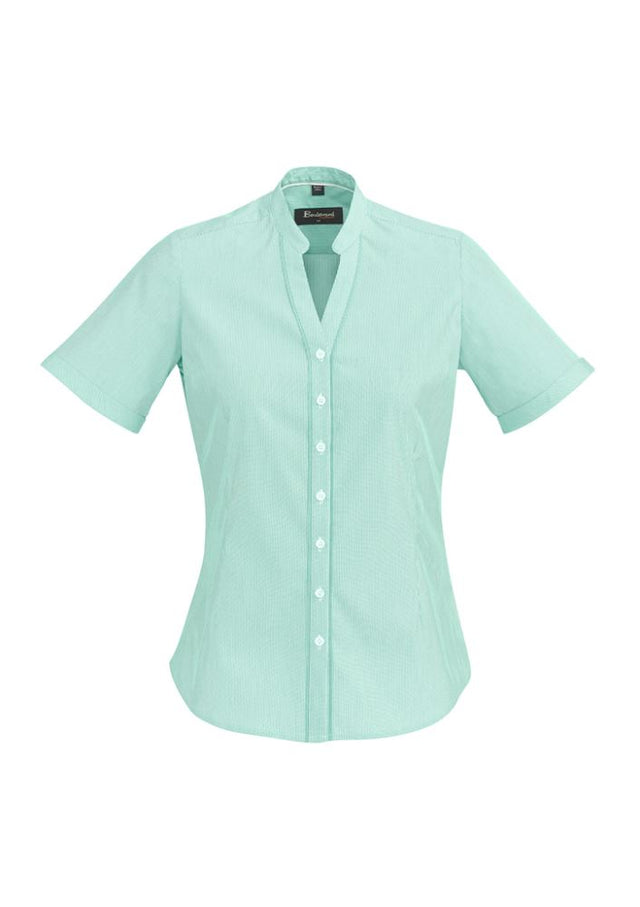 Bordeaux Ladies Short Sleeve Shirt in Dynasty Green, featuring a chic open neck design and soft stretch fabric for comfort.