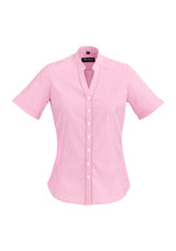 Bordeaux Ladies Short Sleeve Shirt in Melon, featuring yarn-dyed stripes, soft stretch fabric, and a semi-fitted design for comfort.