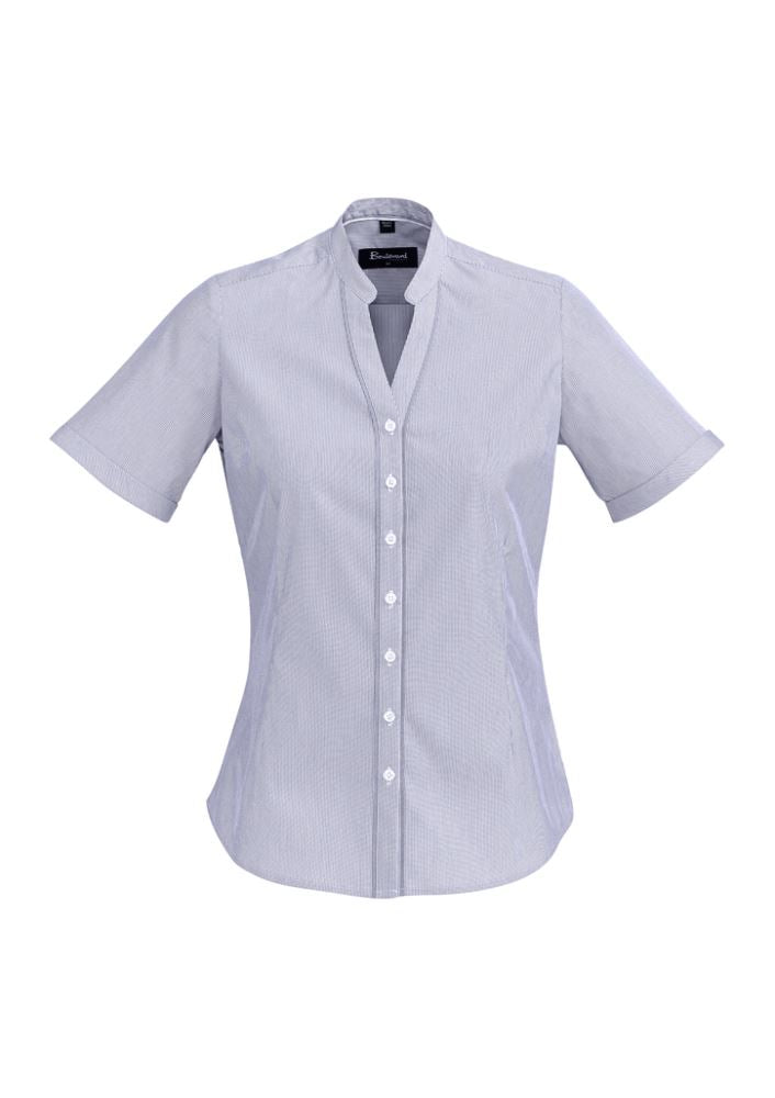 Bordeaux Ladies Short Sleeve Shirt in Patriot Blue, featuring a semi-fitted style, chic open neck, and comfortable stretch fabric.