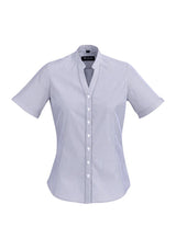 Bordeaux Ladies Short Sleeve Shirt in Patriot Blue, featuring a semi-fitted style, chic open neck, and comfortable stretch fabric.