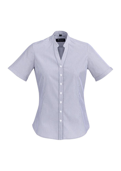 Bordeaux Ladies Short Sleeve Shirt in Patriot Blue, featuring a semi-fitted design, fine stripe pattern, and soft stretch fabric.