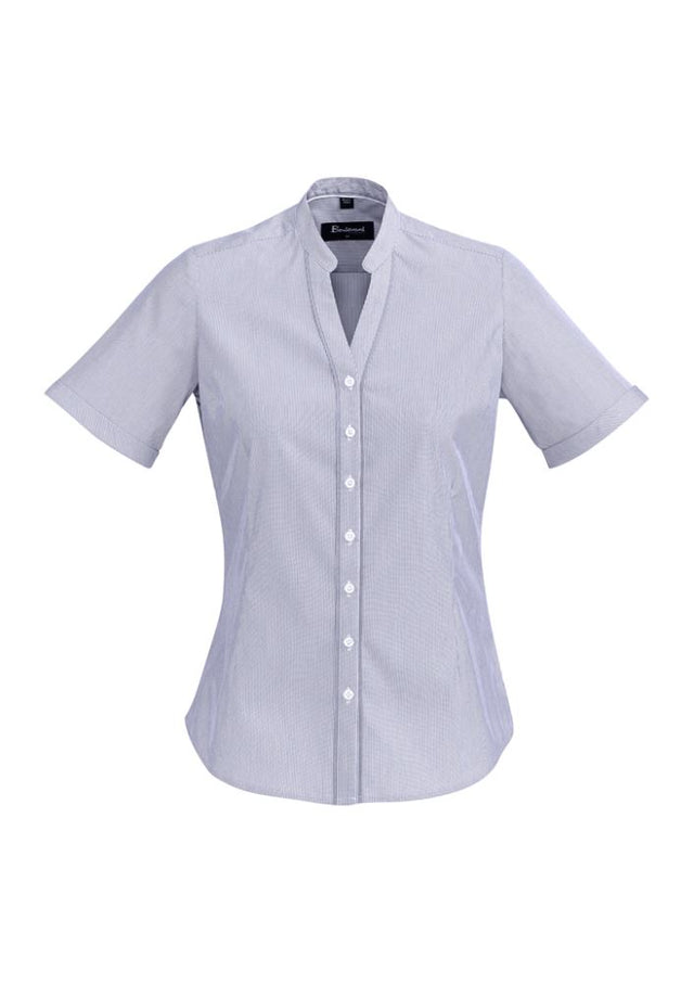 Bordeaux Ladies Short Sleeve Shirt in Patriot Blue, featuring a semi-fitted design, fine stripe pattern, and soft stretch fabric.