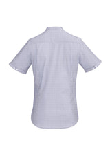 Bordeaux Ladies Short Sleeve Shirt in Patriot Blue, featuring a stylish open neck and fine stripe pattern for versatile wear.