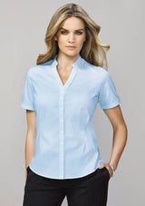 Bordeaux Ladies Short Sleeve Shirt in Dynasty Green, featuring a semi-fitted design, fine stripes, and comfortable stretch fabric.
