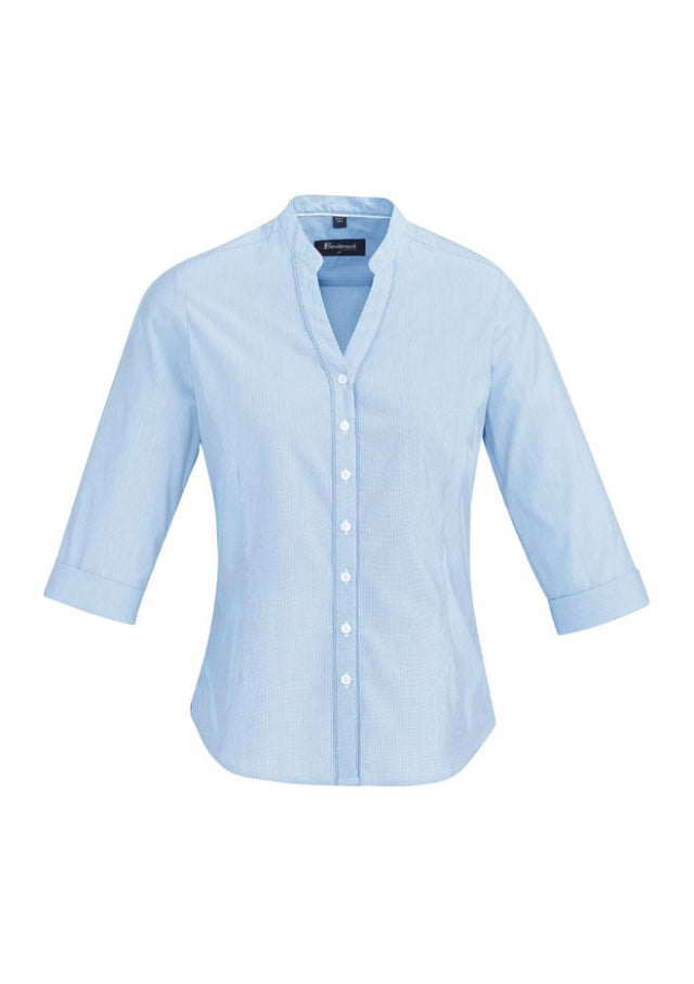 Stylish Alaskan Blue 3/4 sleeve shirt for women, featuring a semi-fitted design and soft, textured cotton blend fabric.