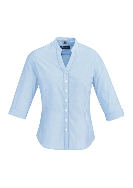 Bordeaux Ladies 3/4 Sleeve Shirt in Alaskan Blue, featuring a stylish stripe pattern, soft stretch fabric, and comfortable fit.