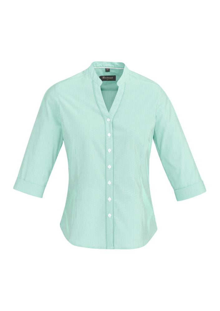 Bordeaux Ladies 3/4 Sleeve Shirt in Dynasty Green, featuring soft cotton blend, stylish stripes, and comfortable fit for modern women.