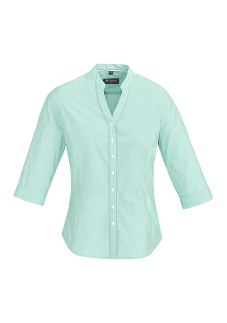 Bordeaux Ladies 3/4 Sleeve Shirt in Dynasty Green, featuring a semi-fitted design, yarn-dyed stripes, and comfortable fabric blend.