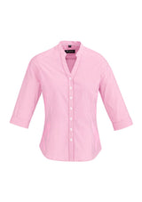 Melon-colored Bordeaux Ladies 3/4 sleeve shirt featuring a stylish open neck and fine stripe design, perfect for any occasion.