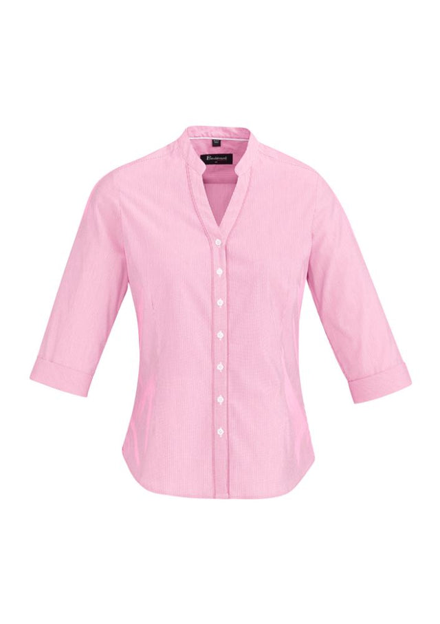Melon-colored Bordeaux Ladies 3/4 sleeve shirt featuring a stylish open neck and fine stripe design, perfect for any occasion.