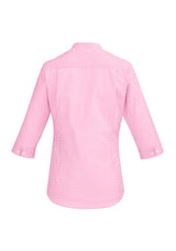 Stylish melon 3/4 sleeve shirt with fine stripes, soft stretch fabric, and unique cuff design, perfect for versatile wear.