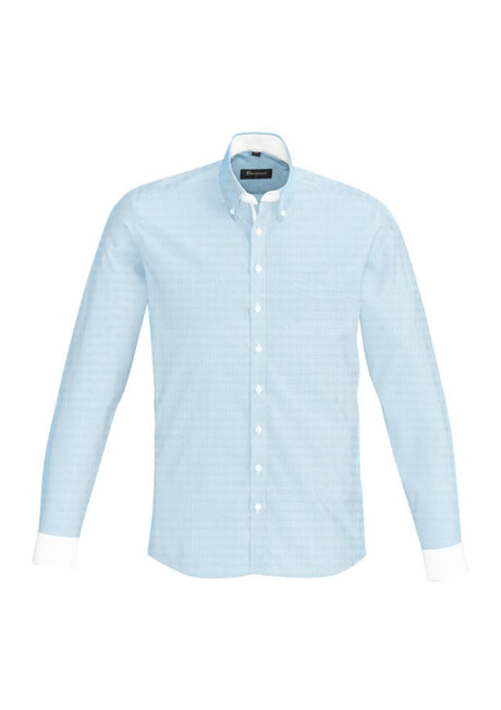 Vermont Ladies Long Sleeve Shirt in Alaskan Blue featuring wide stripes, soft stretch fabric, and elegant cuff detail.