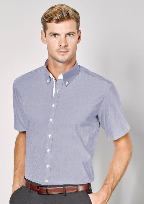Fifth Avenue Men's Short Sleeve Shirt in Dynasty Green, featuring fine stripes, contrast trim, and modern Euro-fit design.