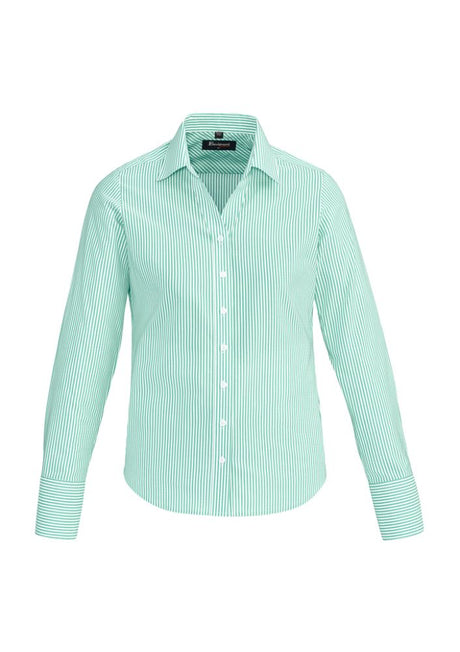 Vermont Ladies Long Sleeve Shirt in Dynasty Green with yarn-dyed stripes, offering comfort and stylish versatility for women.