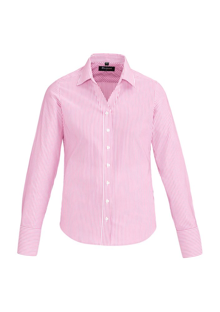 Vermont Ladies Long Sleeve Shirt in Melon, featuring yarn-dyed stripes, soft texture, and cuff fold back detail.