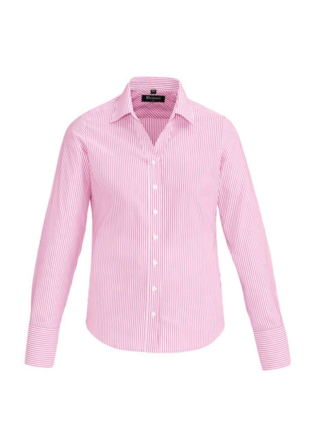 Vermont Ladies Long Sleeve Shirt in Melon, featuring soft stretch fabric and stylish wide stripes for versatile wear.