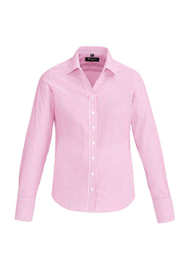 Vermont Ladies Long Sleeve Shirt in Melon, featuring soft stretch fabric and stylish wide stripes for versatile wear.