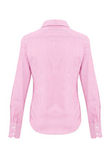 Vibrant melon long sleeve shirt for women, featuring yarn-dyed stripes and a semi-fitted design by Biz Collection.