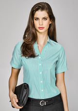 Vermont Ladies Short Sleeve Shirt in vibrant Melon with semi-fitted design, yarn-dyed stripes, and reverse trim cuffs.