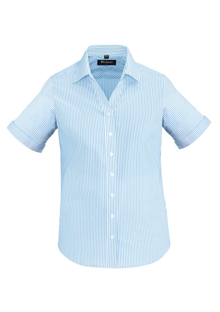 Vermont Ladies Short Sleeve Shirt in Alaskan Blue, featuring a striped pattern and soft stretch cotton blend for style and comfort.